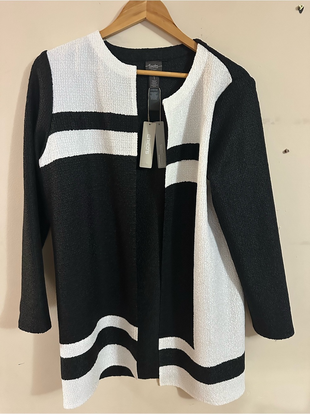 Chico's Black and White Open-Front Colorblock Cardigan